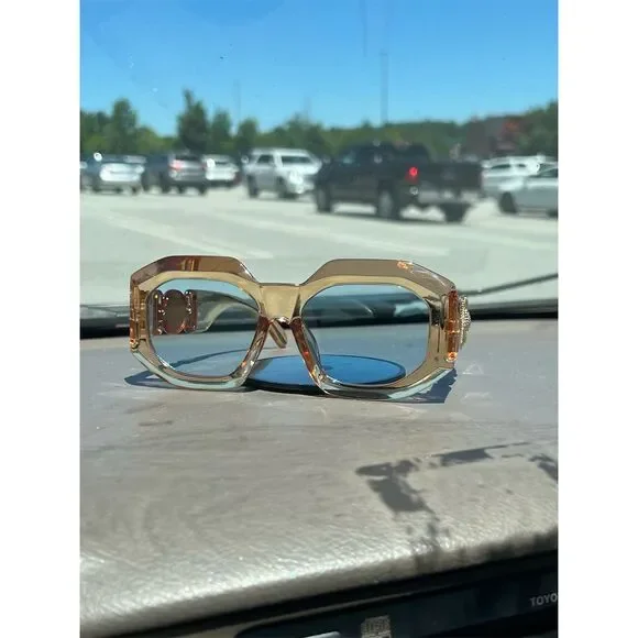 Unisex Sunglasses Transparent Gold Frame Blue Lenses Geometric S… - Picture 10 of 10